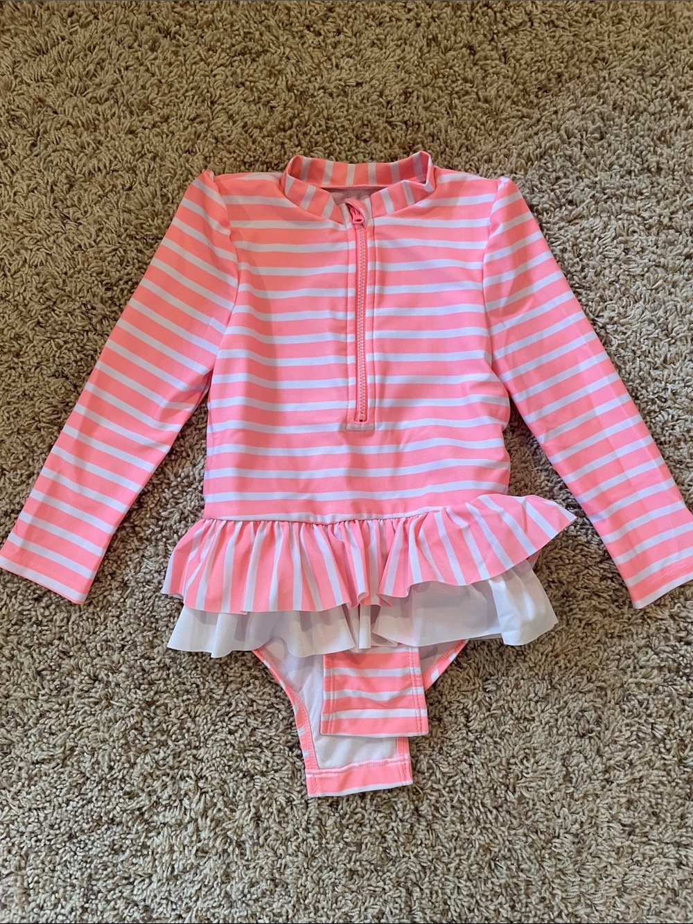 Cat & Jack Pink and White Striped Ruffle Long-Sleeve One-Piece Swimsuit 4T
